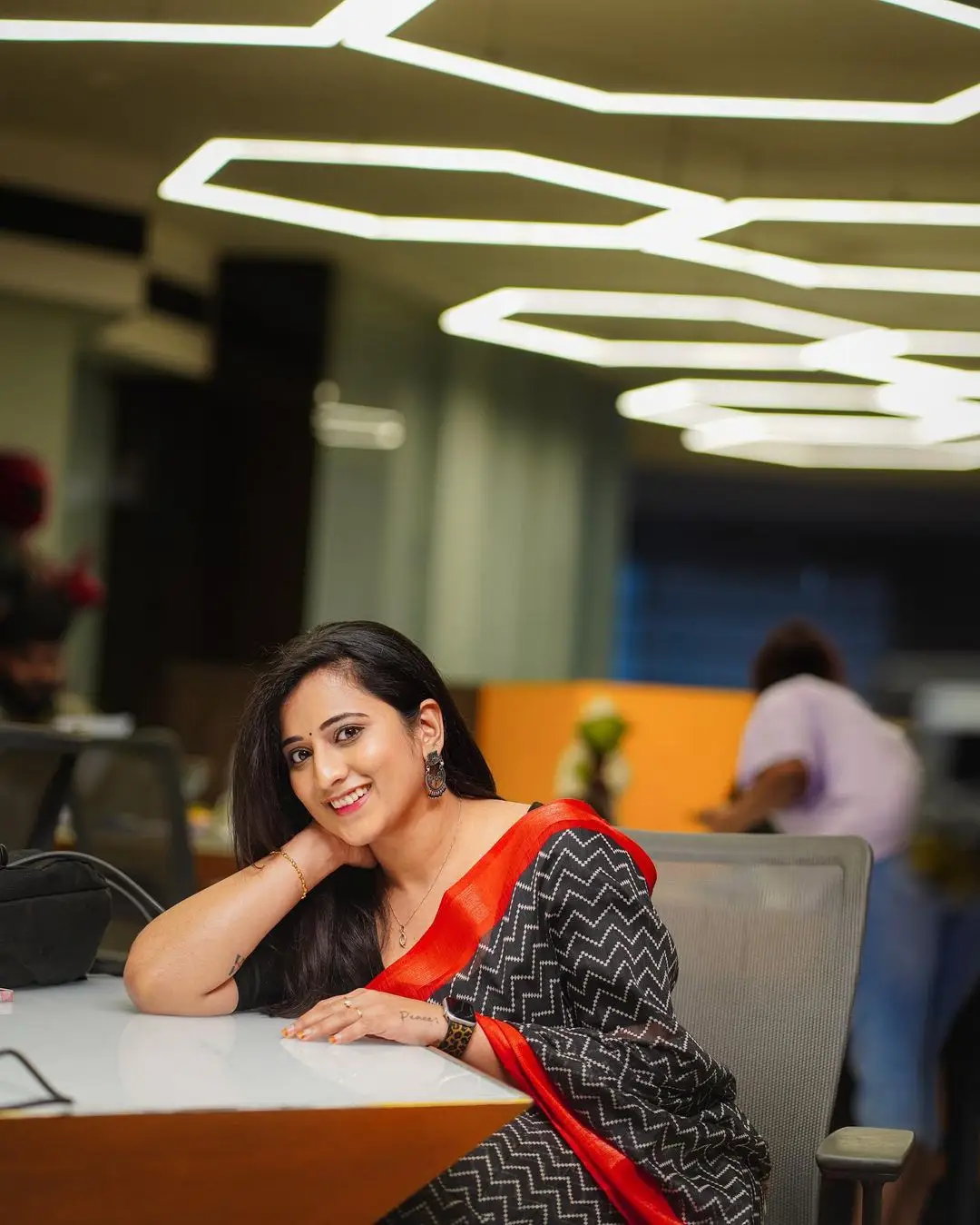 Youtube Actress Viraajita in Traditional Navy Blue Saree Blouse